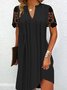 Damen Unifarben Sommer Ausgehöhlt Kleid V-Ausschnitt Kurzarm T-Shirt-Kleid H-Linie Kleid