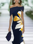 Damen Geblümt Sommer Print Kleid Schulterfrei Flügelärmel H-Linie Kleid