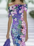 Damen Geblümt Sommer Print Kleid Schulterfrei Flügelärmel H-Linie Kleid