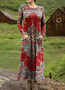 Damen Ethnisch Frühling/Herbst Kleid V-Ausschnitt Langarm T-Shirt-Kleid A-Linien-Kleid