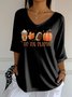 Retro Kürbismuster Rundhals Dreiviertelärmel T-Shirt