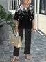 Damen Gestreift Bell-Ärmel Zweiteiliges Set Urlaub Dreiviertelärmel Retro Frühling/Herbst Bluse mit Hose Matching Set