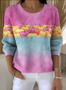 Damen Baumwolle Farbverlauf Langarm Bequem Retro Pullover
