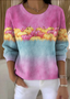 Damen Baumwolle Farbverlauf Langarm Bequem Retro Pullover