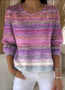 Damen Baumwolle Farbverlauf Langarm Bequem Retro Pullover