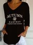 Vintage-Brief Muster V-Ausschnitt Dreiviertelärmel T-Shirt
