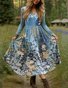 Damen Geblümt Frühling/Herbst Kleid V-Ausschnitt Langarm A-Linien-Kleid