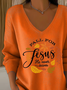Lässig Textbriefe V-Ausschnitt Langarm T-Shirt