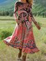 Damen Geometrisch Sommer Kleid Rundhals Langarm H-Linie Kleid
