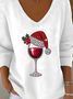 Damen Wein Glas Weihnachtsmütze Print V-Ausschnitt Pullover