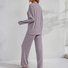 Herbst und Winter Warm Helllila Gestrickt V-Ausschnitt Knopf Strickjacke Gerippt Langarm Hose Zuhause gut schlafen Zweiteiliges Set