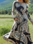 Damen Geblümt Sommer Kleid Rundhals Langarm H-Linie Kleid