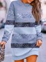 Damen Gestreift Frühling/Herbst Print Kleid Rundhals Langarm Hüftrock A-Linien-Kleid