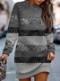 Damen Gestreift Frühling/Herbst Print Kleid Rundhals Langarm Hüftrock A-Linien-Kleid