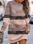 Damen Gestreift Frühling/Herbst Print Kleid Rundhals Langarm Hüftrock A-Linien-Kleid