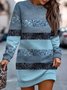 Damen Gestreift Frühling/Herbst Print Kleid Rundhals Langarm Hüftrock A-Linien-Kleid