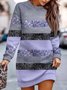 Damen Gestreift Frühling/Herbst Print Kleid Rundhals Langarm Hüftrock A-Linien-Kleid
