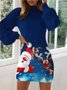 Damen Weihnachtsschneemann Ballon-Ärmel Frühling/Herbst Print Kleid Rundhals Langarm Hüftrock A-Linien-Kleid