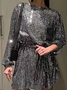 Damen Unifarben Frühling/Herbst Glitzernd Kleid Rundhals Langarm H-Linie Kleid