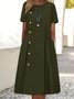 Damen Unifarben Sommer Kleid Rundhals Kurzarm A-Linien-Kleid