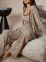 3PCS Damen Casual Unifarben Tailliert Langarm Robe, Leibchen Oberteile und Hose Loungewear Set