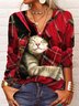 Lässig Weihnachten Kariert Katze Langarm V-Ausschnitt T-Bluse