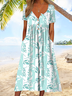 Blätter Druck Sommerkleid mit Rundhals Lässiges Freizeitkleid Noracora