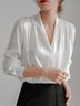 V-Ausschnitt Langarm Unifarben Regelmäßig Weit Bluse für Damen