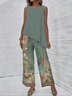 Damen Geblümt Rundhals Ärmellos Bequem Elegant Irregulär Handwerkskunst Bluse mit Hose Zweiteiliges Set