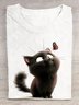 Lässig Katze Rundhals Kurzarm T-Shirt