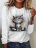Lässig Katze Rundhals Langarm T-Shirt