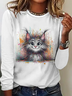 Lässig Katze Rundhals Langarm T-Shirt