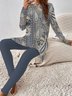 Damen Ethnisch Rundhals Langarm Bequem Lässig Bluse mit Hose Zweiteiliges Set