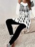 Damen Geometrisch Rundhals Langarm Bequem Lässig Bluse mit Hose Zweiteiliges Set