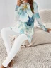 Damen Geblümt Rundhals Langarm Bequem Lässig Bluse mit Hose Zweiteiliges Set