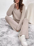 Damen Unifarben Schalkragen Langarm Bequem Lässig Bluse mit Hose Zweiteiliges Set