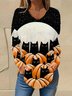 V-Ausschnitt Langarm Halloween Regelmäßig Mikroelastizität Weit Bluse für Damen