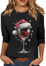 Rundhals Langarm Weihnachten Wein Glas Regelmäßig Mittlere Elastizität Weit Bluse für Damen