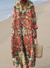 Damen 3d Drucken V-Ausschnitt Langarm Bequem Retro Maxikleid