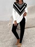 Damen Geometrisch Rundhals Langarm Bequem Lässig Bluse mit Hose Zweiteiliges Set