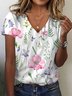 Lässig Geblümt V-Ausschnitt Kurzarm T-Shirt