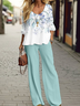 Damen Geblümt Rundhals Langarm Bequem Lässig Print Bluse mit Hose Zweiteiliges Set