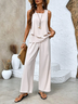 Damen Unifarben Rundhals Ärmellos Bequem Lässig Bluse mit Hose Zweiteiliges Set