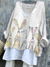 V-Ausschnitt Langarm OSTERN (Kaninchen) Print Regelmäßig Mikroelastizität Weit T-Shirt mit Grafik Bluse_ für Damen