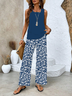 Damen Geblümt Rundhals Ärmellos Bequem Lässig Print Bluse mit Hose Zweiteiliges Set