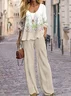 Damen Geblümt Rundhals Langarm Bequem Lässig Print Bluse mit Hose Zweiteiliges Set