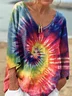 Lässig Batik V-Ausschnitt Langarm T-Shirt