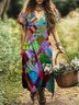 Damen Geometrisch V-Ausschnitt Kurzarm Bequem Lässig Maxikleid