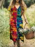 Damen Geometrisch V-Ausschnitt Kurzarm Bequem Lässig Maxikleid