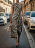 Damen abstrakte Streifen Rundhals Ärmellos Bequem Retro Print Maxikleid
